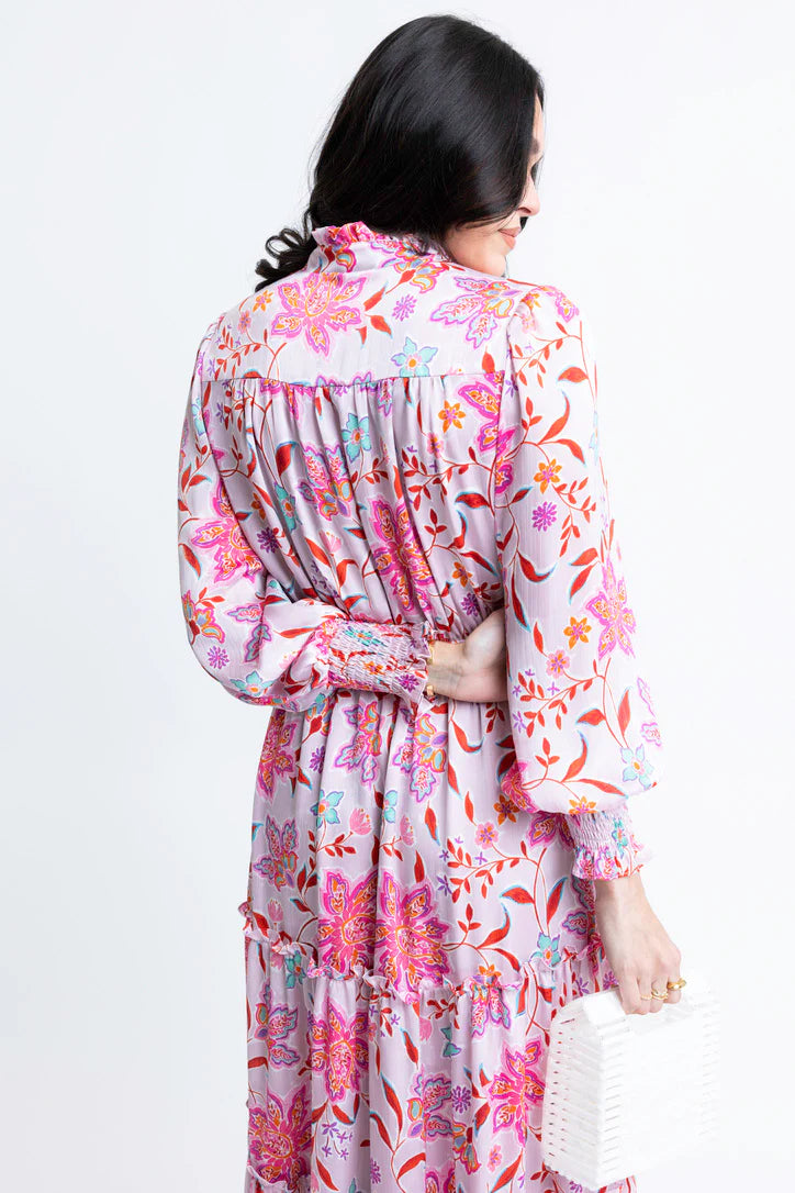 Floral Satin Smock Waist Tier Maxi Dress
