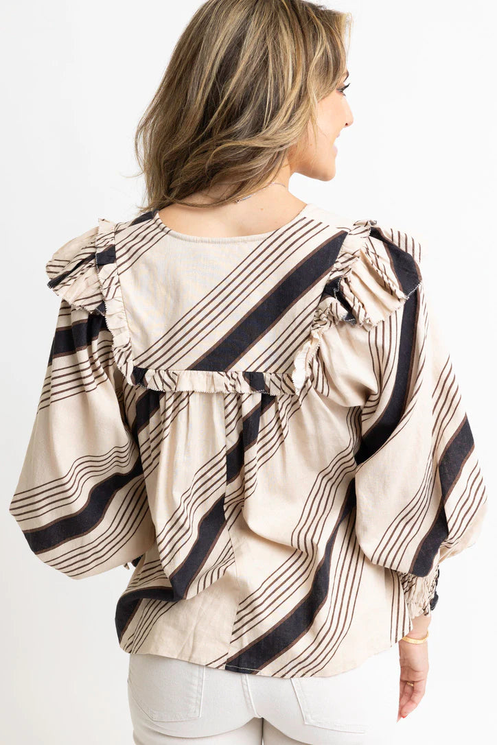 Stripe Ruffle Puff Slv Top