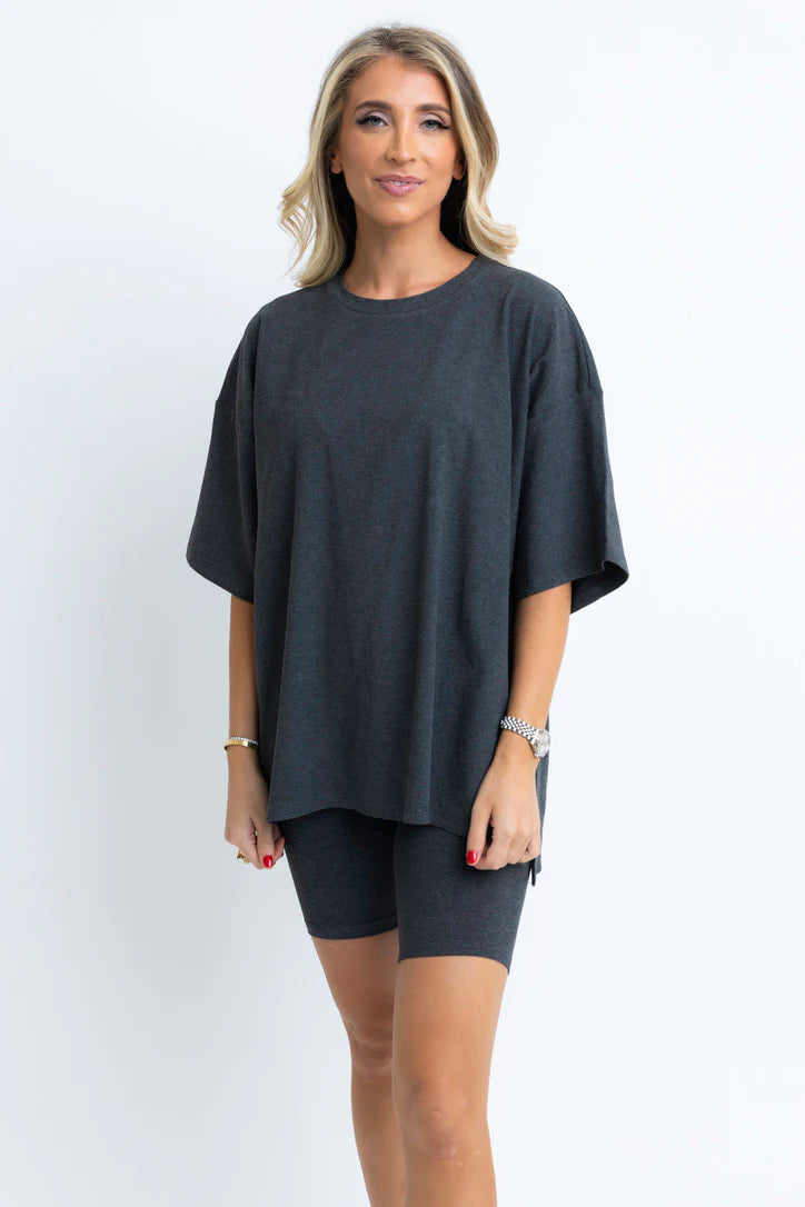 Grey Ribbed Knit Biker Shorts Set