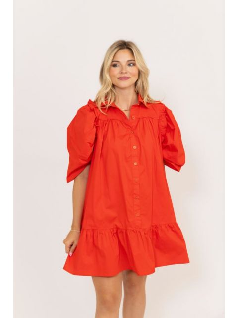 Solid Button Puff Dress