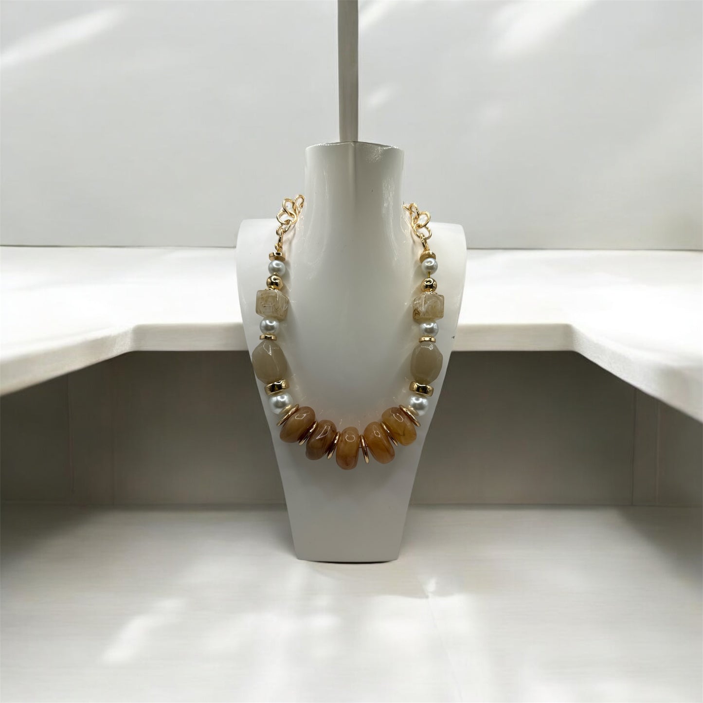BROWN - Stone, Gold & Pearl Necklace