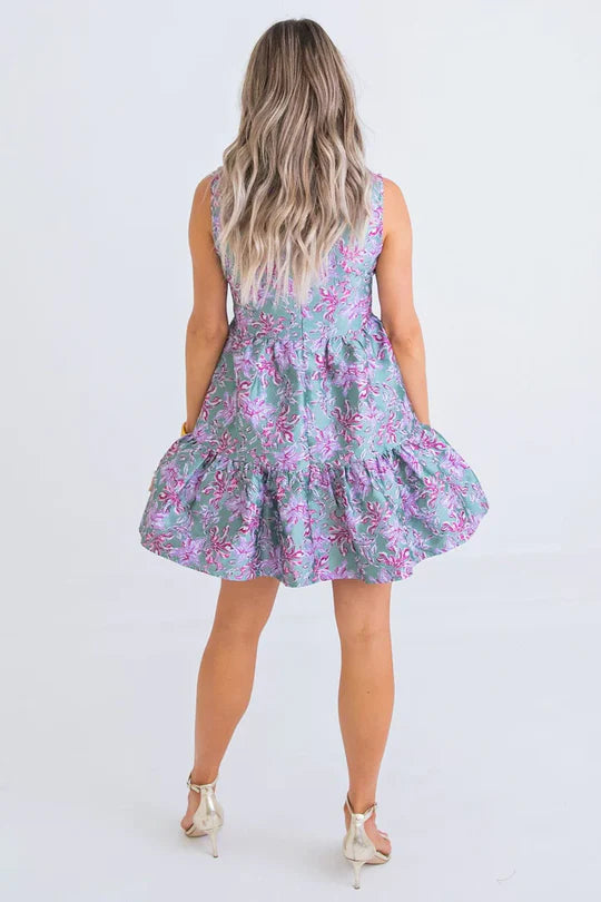 Floral Tier Tapestry Vneck Dress