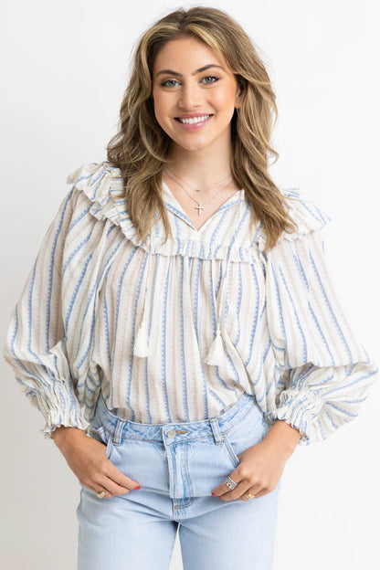 Stripe Neutral Vneck Ruffle Top