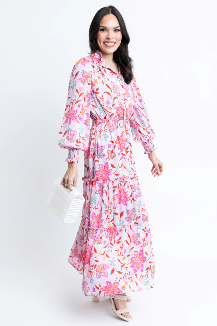 Floral Satin Smock Waist Tier Maxi Dress