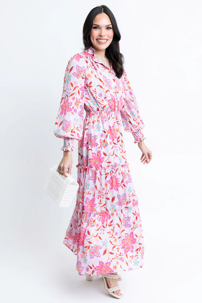Floral Satin Smock Waist Tier Maxi Dress