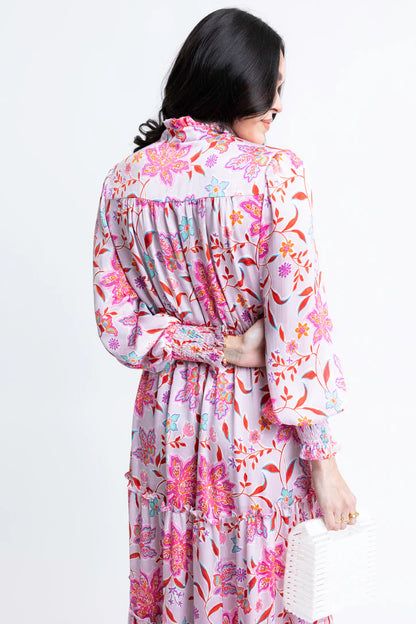 Floral Satin Smock Waist Tier Maxi Dress
