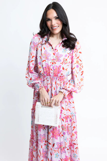 Floral Satin Smock Waist Tier Maxi Dress