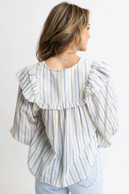 Stripe Neutral Vneck Ruffle Top