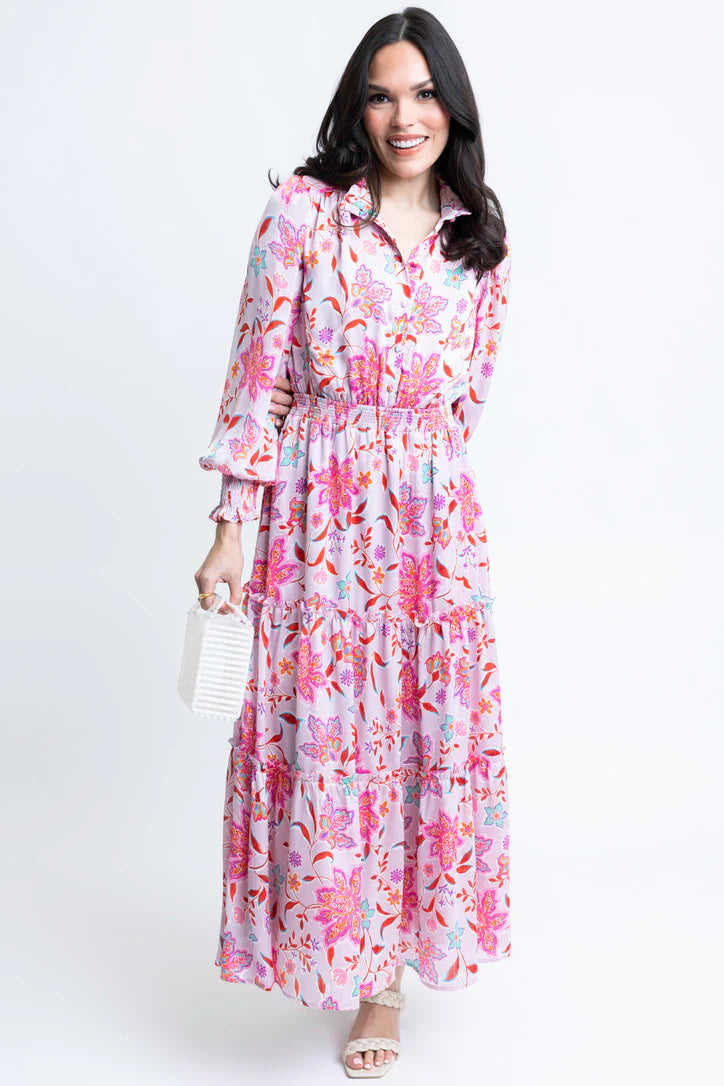 Floral Satin Smock Waist Tier Maxi Dress