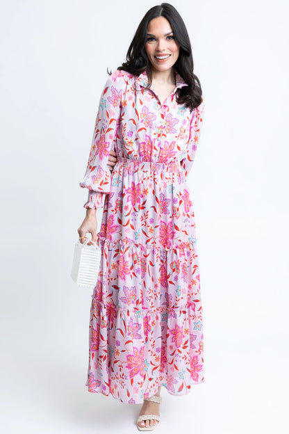 Floral Satin Smock Waist Tier Maxi Dress