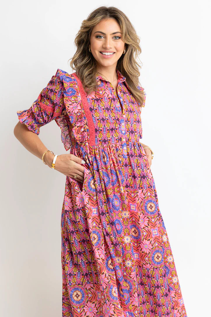 Kaleidoscope Puff Slv Tier Maxi Dress