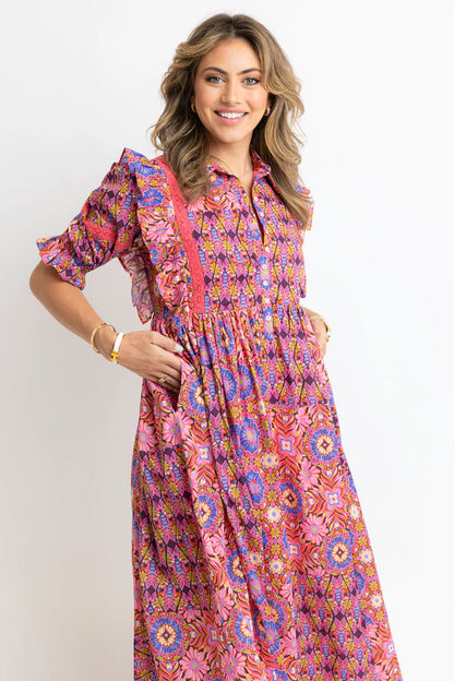 Kaleidoscope Puff Slv Tier Maxi Dress