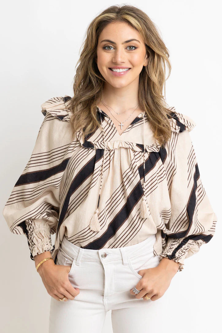 Stripe Ruffle Puff Slv Top