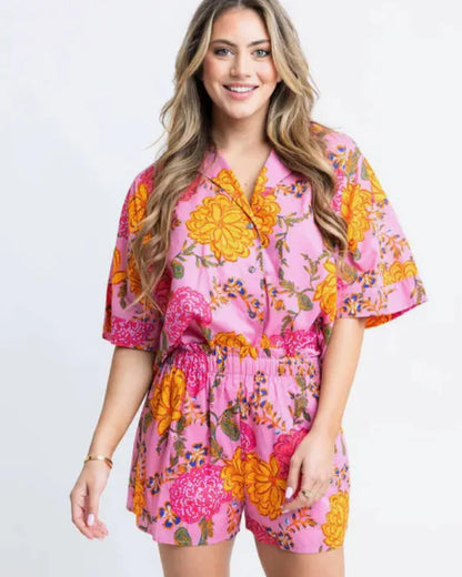 Floral Poplin Pocket Button Up Top
