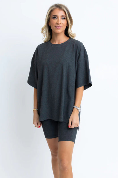 Grey Ribbed Knit Biker Shorts Set