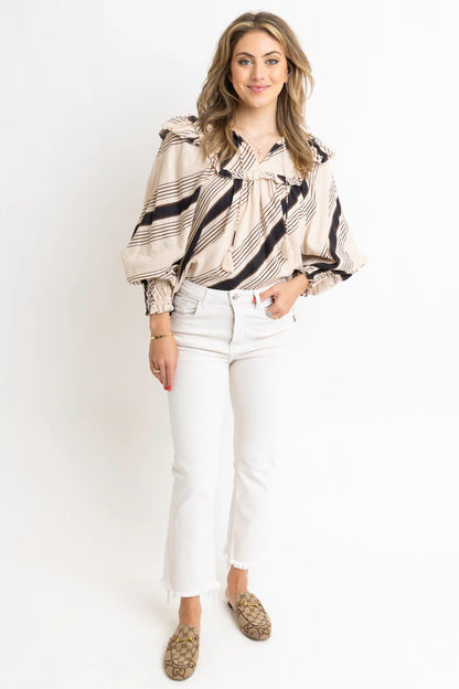 Stripe Ruffle Puff Slv Top