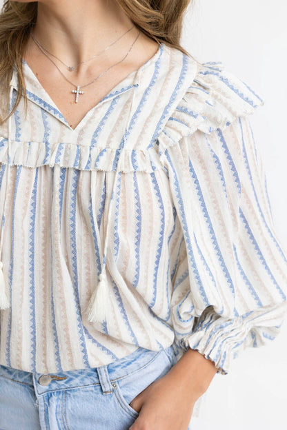 Stripe Neutral Vneck Ruffle Top