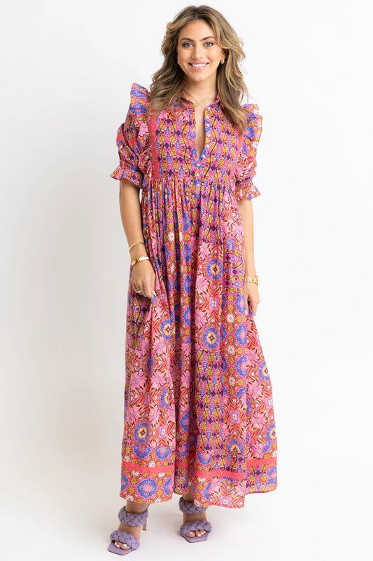 Kaleidoscope Puff Slv Tier Maxi Dress