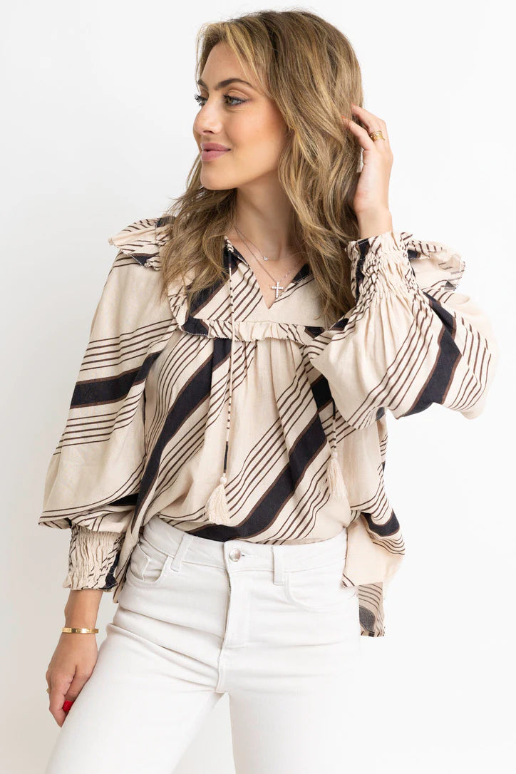 Stripe Ruffle Puff Slv Top