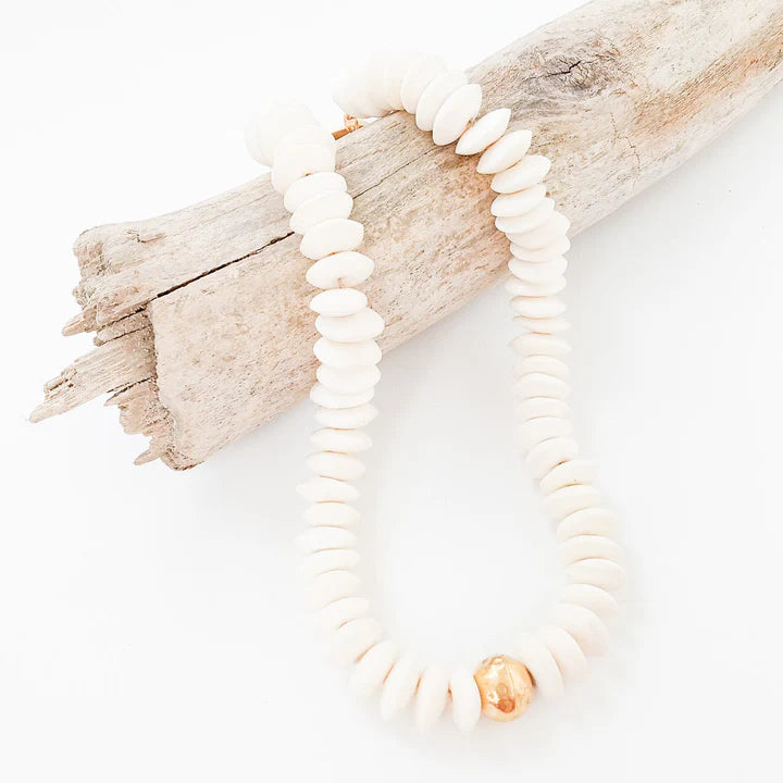 Heishi Bone Necklace Hammered Ball