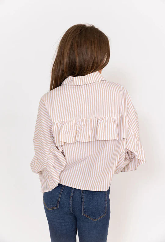 Stripe Poplin Ruffle Back Button Up Top