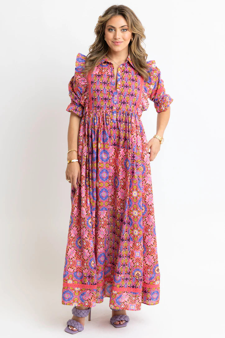 Kaleidoscope Puff Slv Tier Maxi Dress