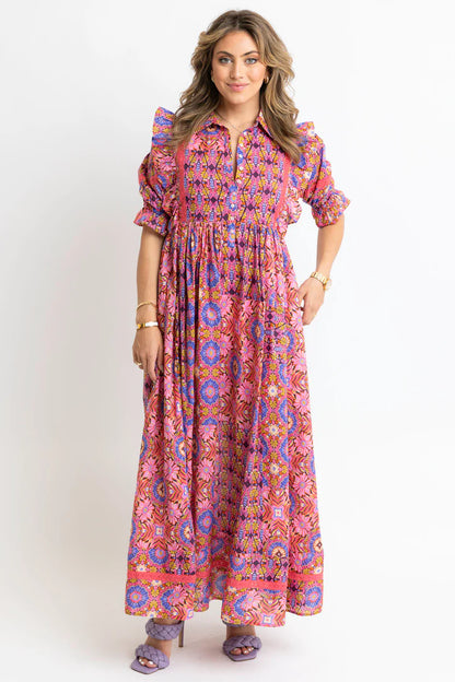 Kaleidoscope Puff Slv Tier Maxi Dress