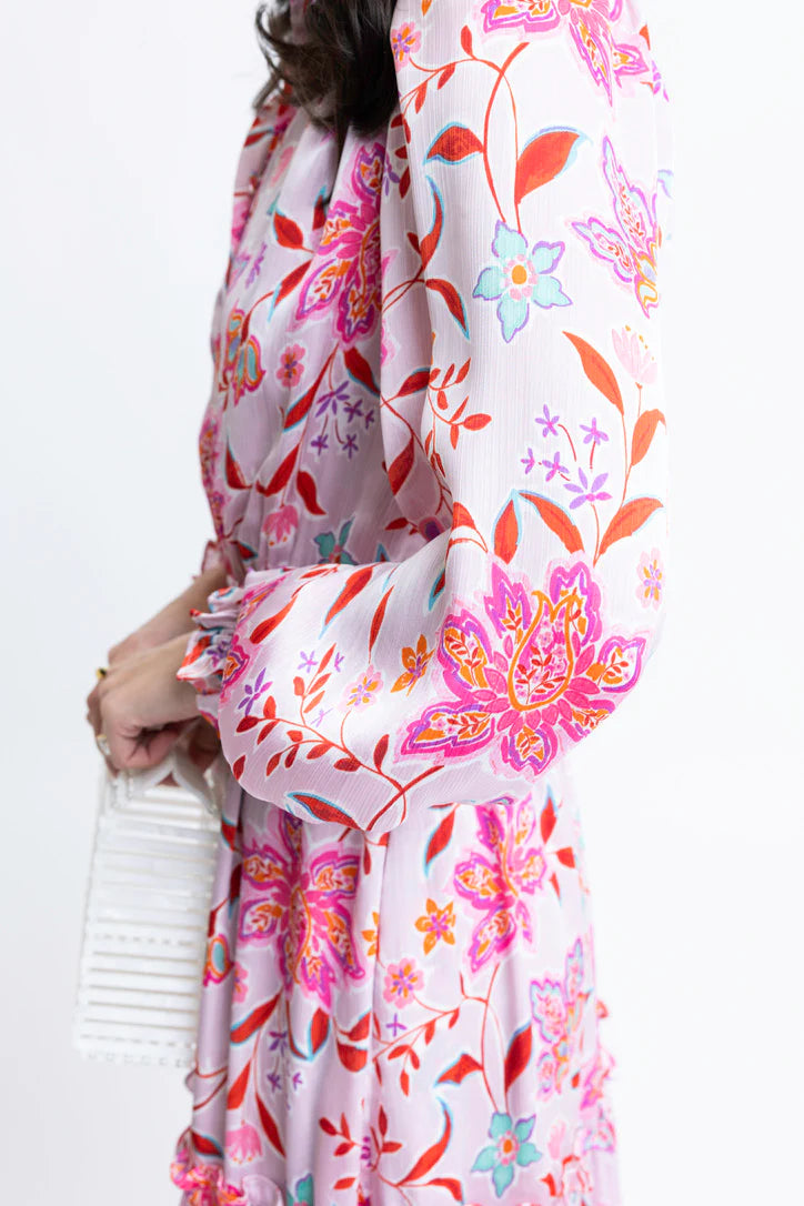 Floral Satin Smock Waist Tier Maxi Dress