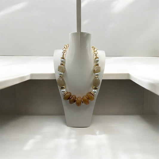 BROWN - Stone, Gold & Pearl Necklace