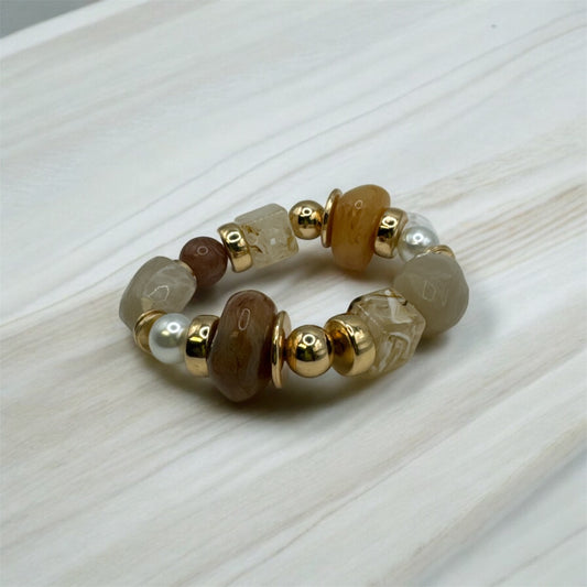 BROWN - Stone, Gold & Pearl Bracelet