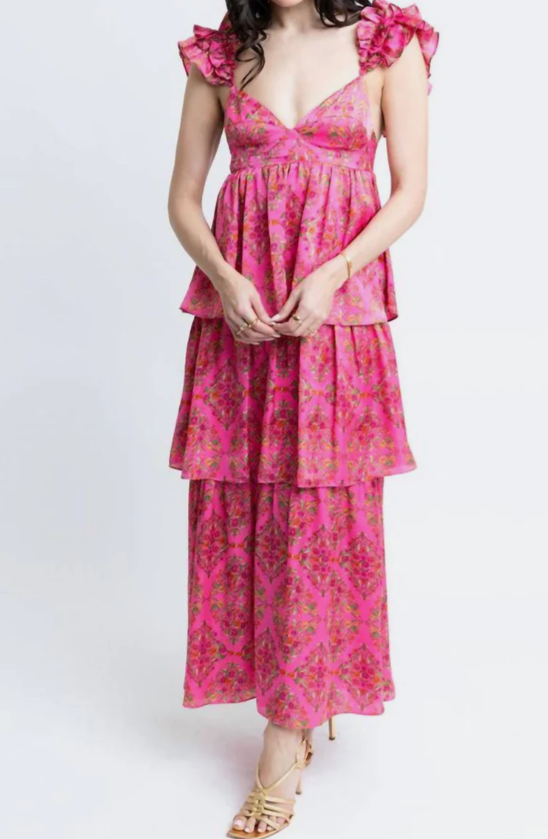 Floral Satin Ruffle Tier Maxi Dress