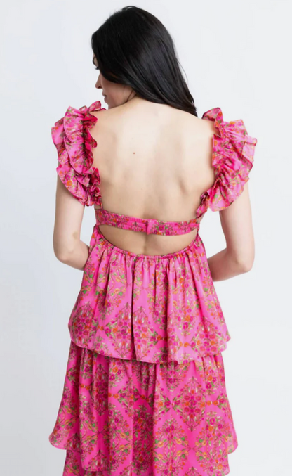 Floral Satin Ruffle Tier Maxi Dress