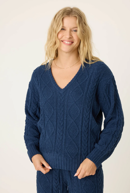Chenille Cozy Cable Lounge V-Neck Sweater