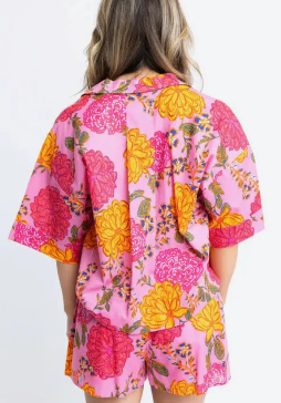 Floral Poplin Pocket Button Up Top