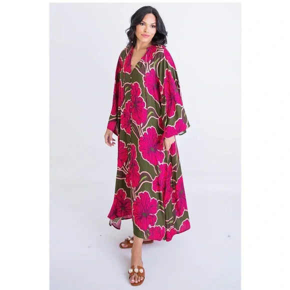 Floral Button Kaftan Maxi Dress